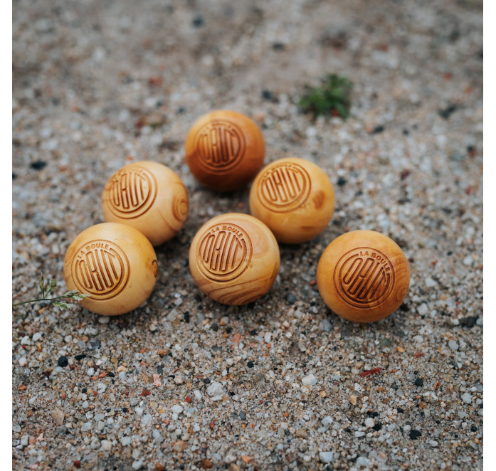 Set of 6 boliches de madera con logotipo Obut vintage