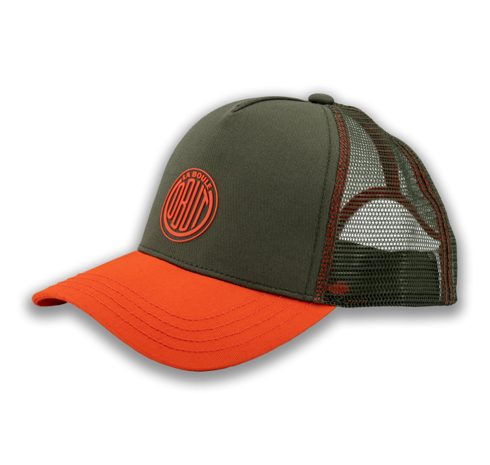 Kaki pet met vintage oranje logo