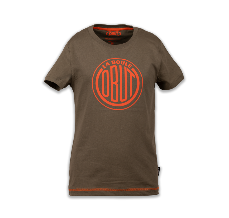 Camiseta infantil caqui con logotipo naranja vintage