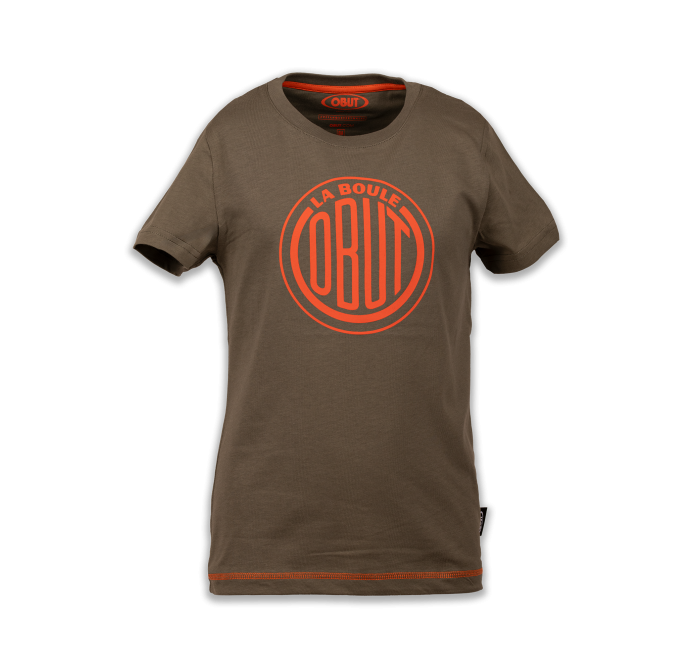Kaki kinder-T-shirt met vintage oranje logo