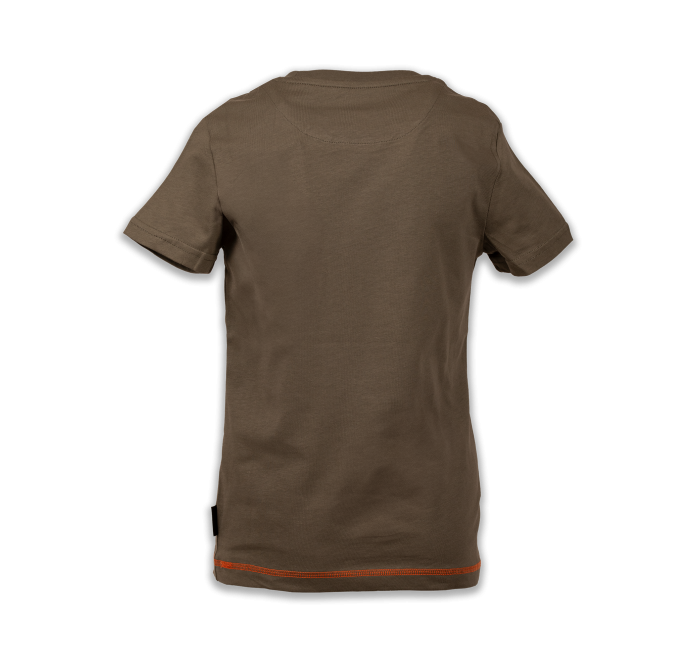 Khakifarbenes T-Shirt für Kinder mit oragefarbenem Vintage-Logo