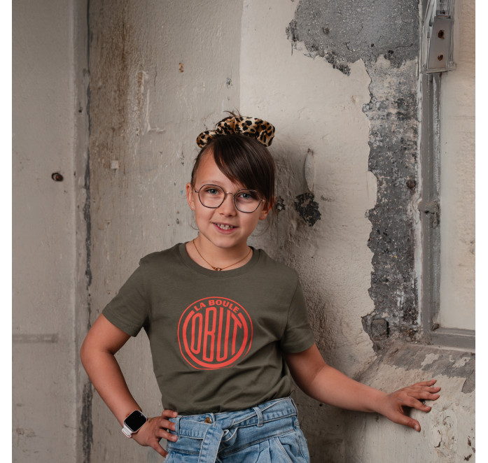 Children's khaki T-shirt with orange vintage logo
