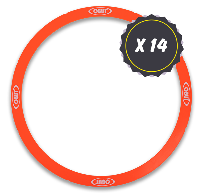 14 styva pétanquecirklar i korallfärg